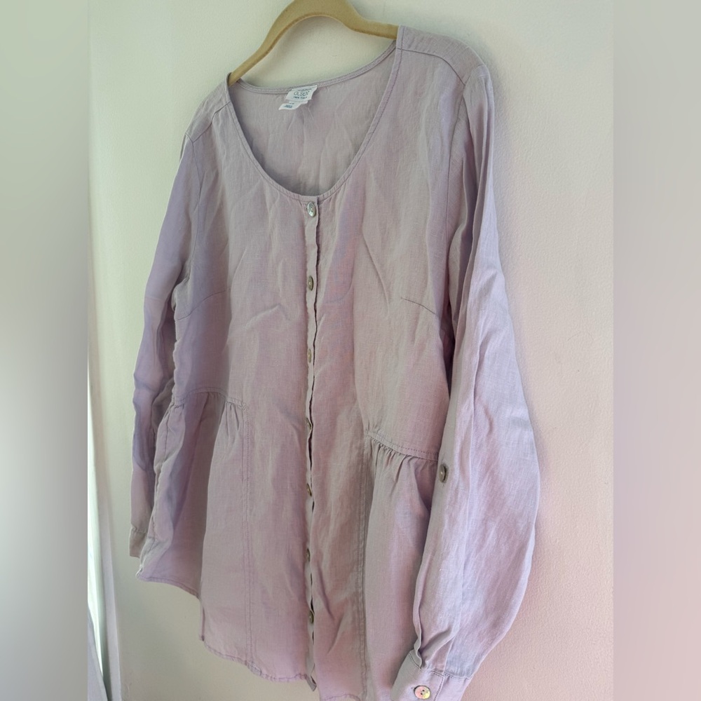 Sigrid Olsen 100% Linen Lavender Button-Front Peplum Blouse M
